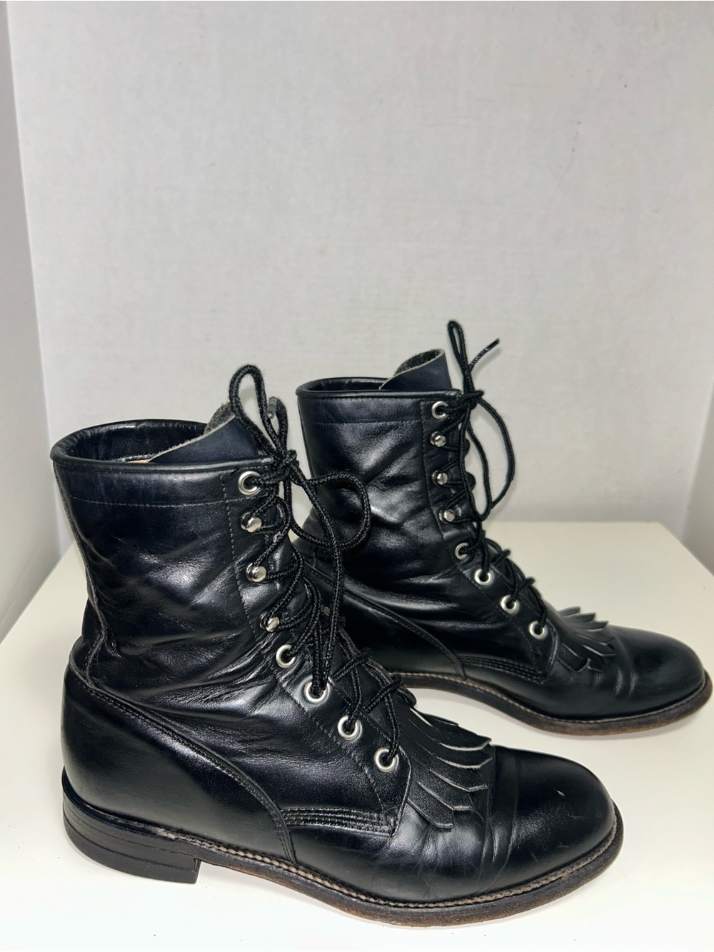 Justin L0506 Black Leather Roper Kiltie Lace-Up Western Granny Boot
